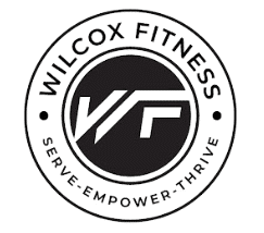 Wilcox Fitness logo with a circular design featuring the words 'Serve, Empower, Thrive' and a stylized 'WF' in the center.