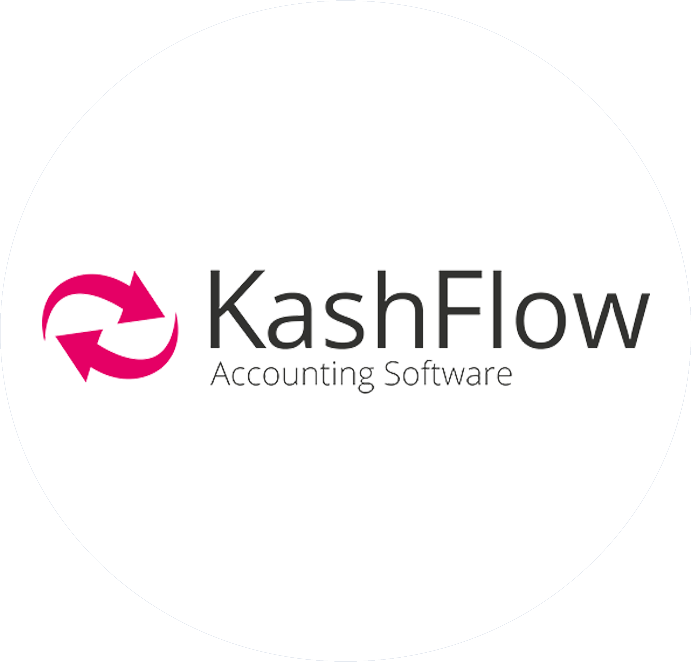 Logo for KashFlow accounting software featuring pink circular arrows and black text.