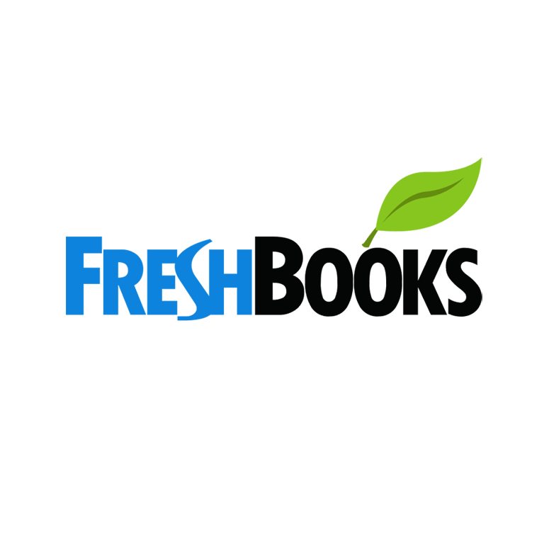 Logo for FreshBooks with the word 'FRESH' in blue, 'BOOKS' in black, and a green leaf above the letter 'K'.