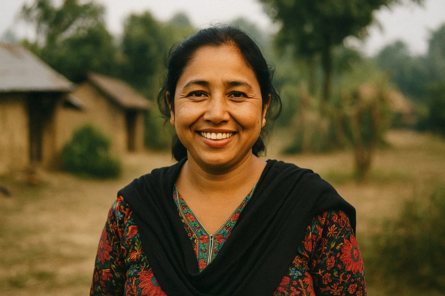 Portrait of a smiling woman in traditional colorful clothing outdoors with trees and houses in the background.