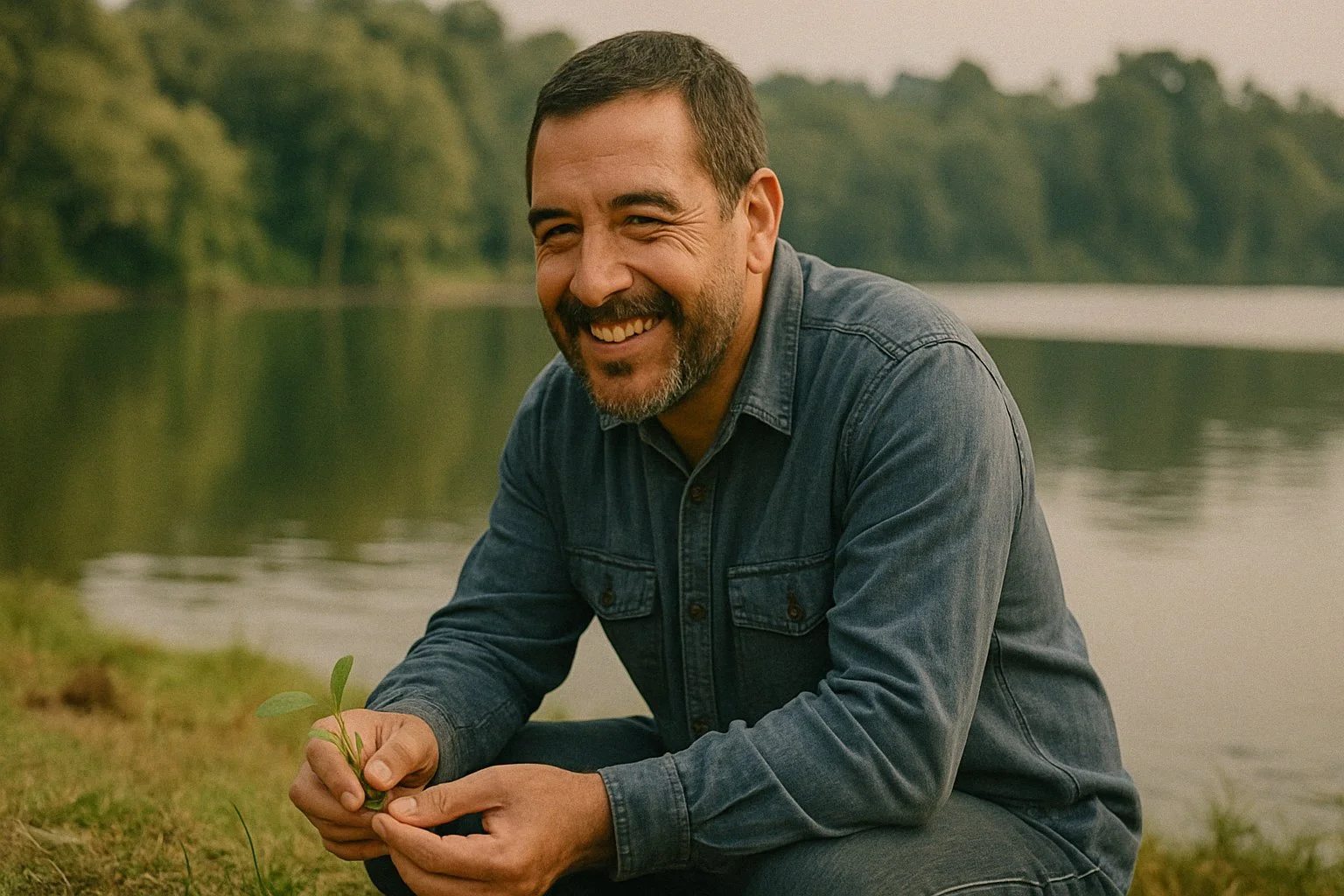Smiling man crouching by a river holding a small plant