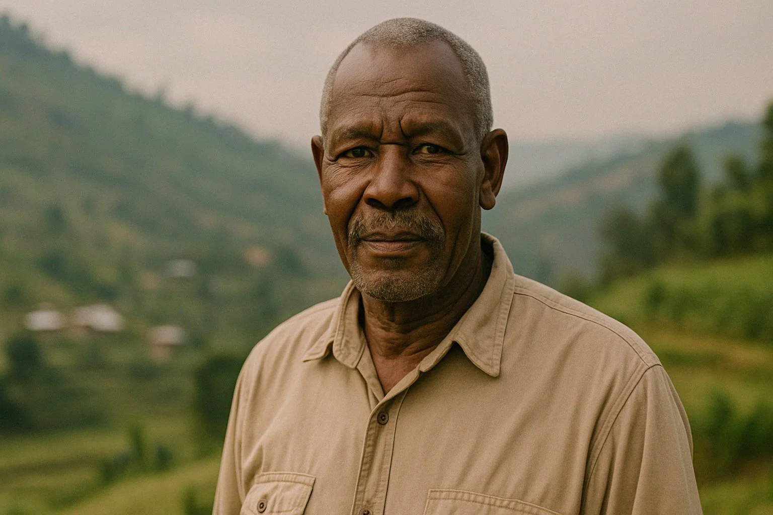 Close-up of an elderly African American man with a serious expression outdoors, with a blurred green landscape and hills in the background.