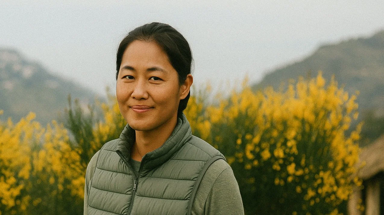 A young woman standing outdoors in front of yellow flowering bushes with mountains in the background.
