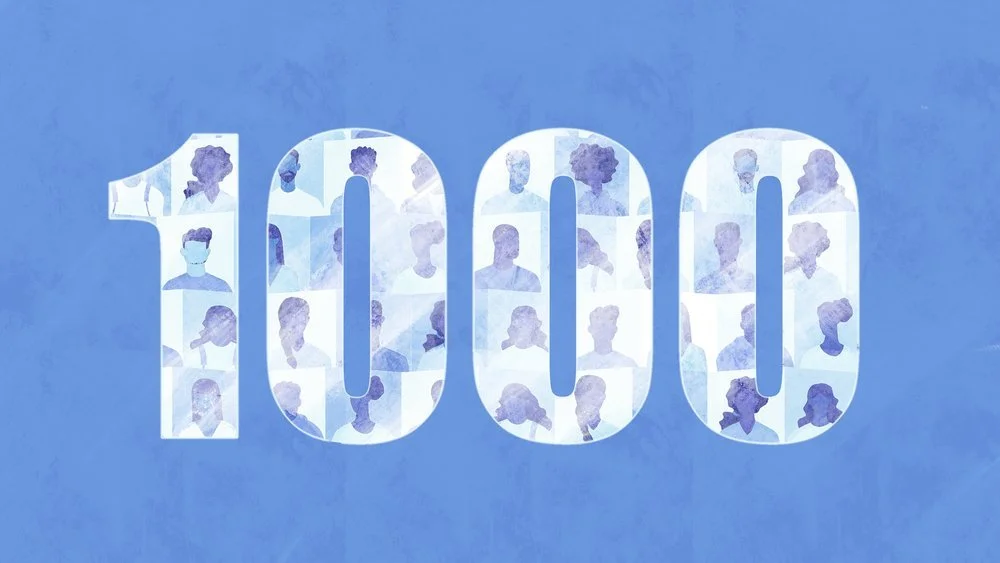 Illustration of the number 1000 filled with various people, some wearing face masks, in a blue-toned watercolor style.