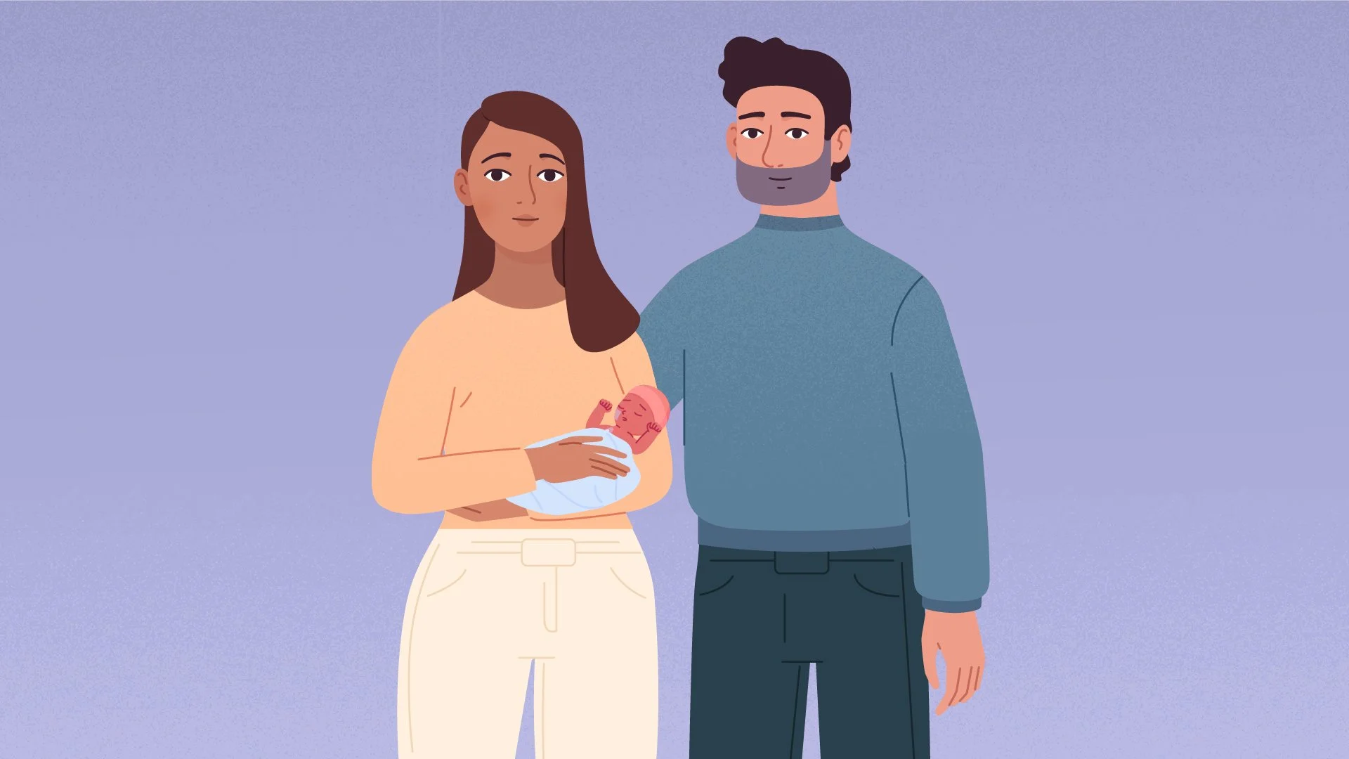 An illustrated couple holding a newborn baby with the woman having long brown hair and the man with dark hair and a beard, standing in front of a plain purple background.