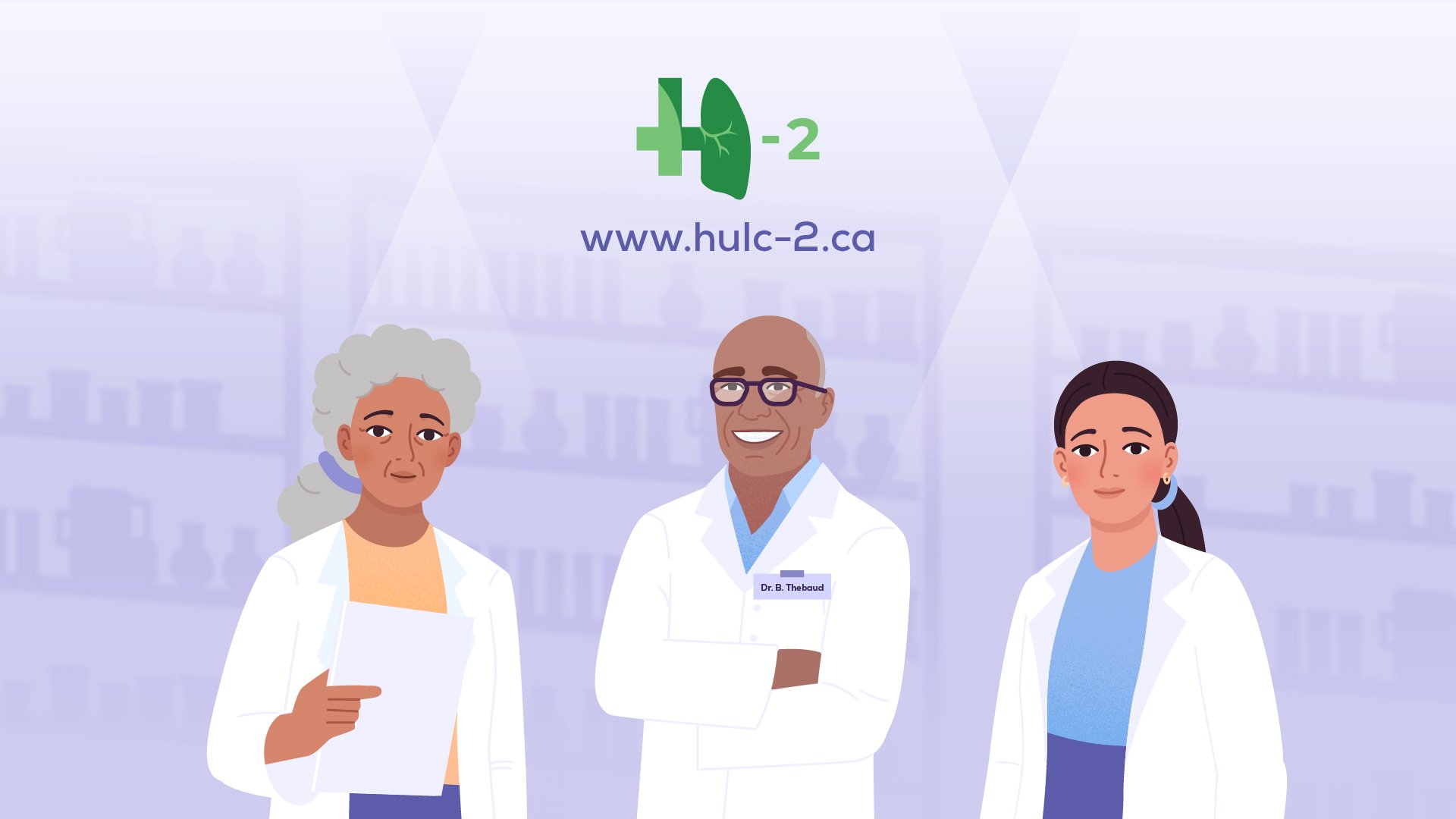 Animated illustration of three healthcare professionals standing in a pharmacy environment, with shelves of medication in the background, representing an organization called HULC-2.