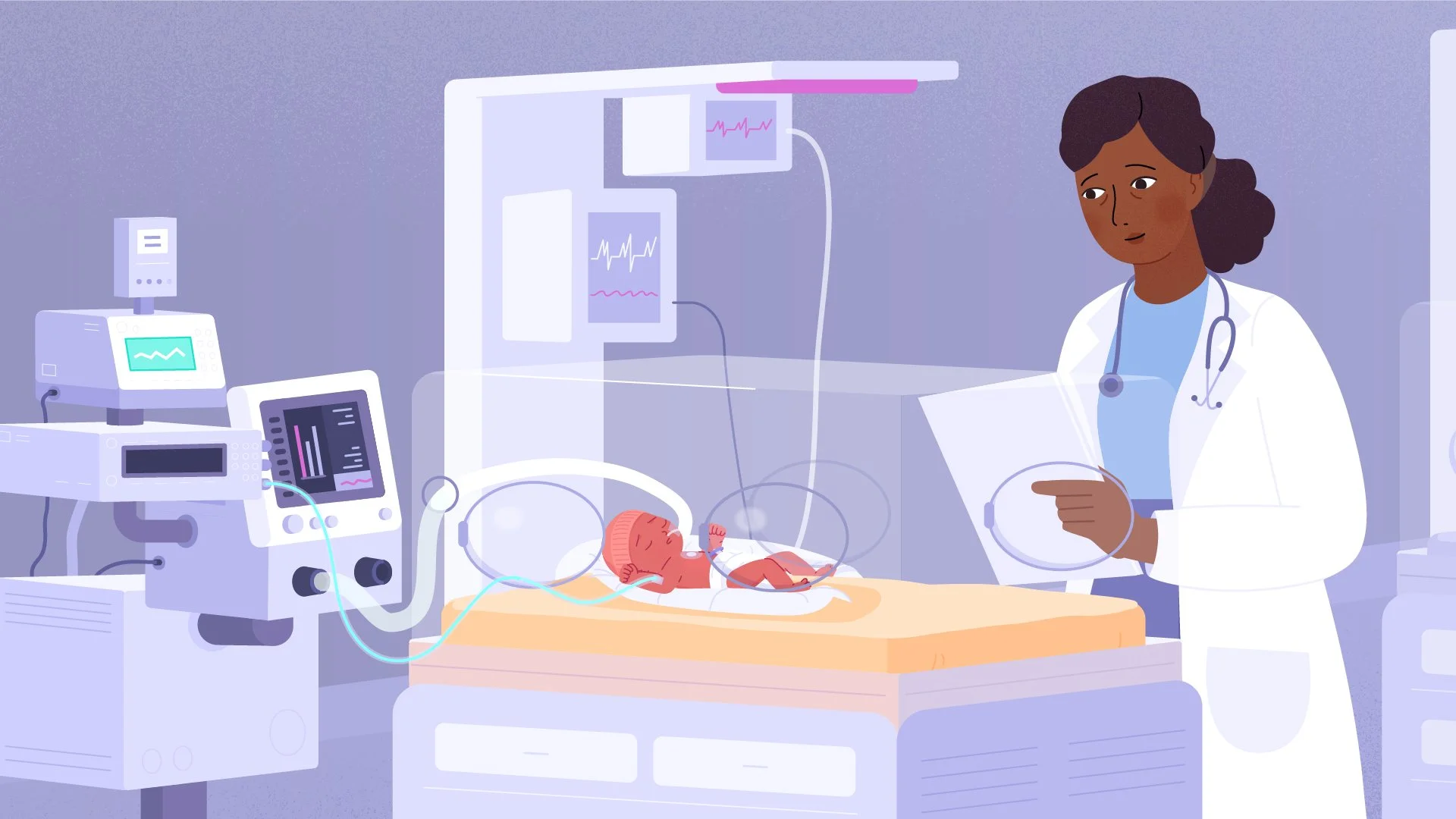 Illustration of a doctor standing next to a hospital bassinet with a newborn baby connected to medical monitors in a neonatal intensive care unit.
