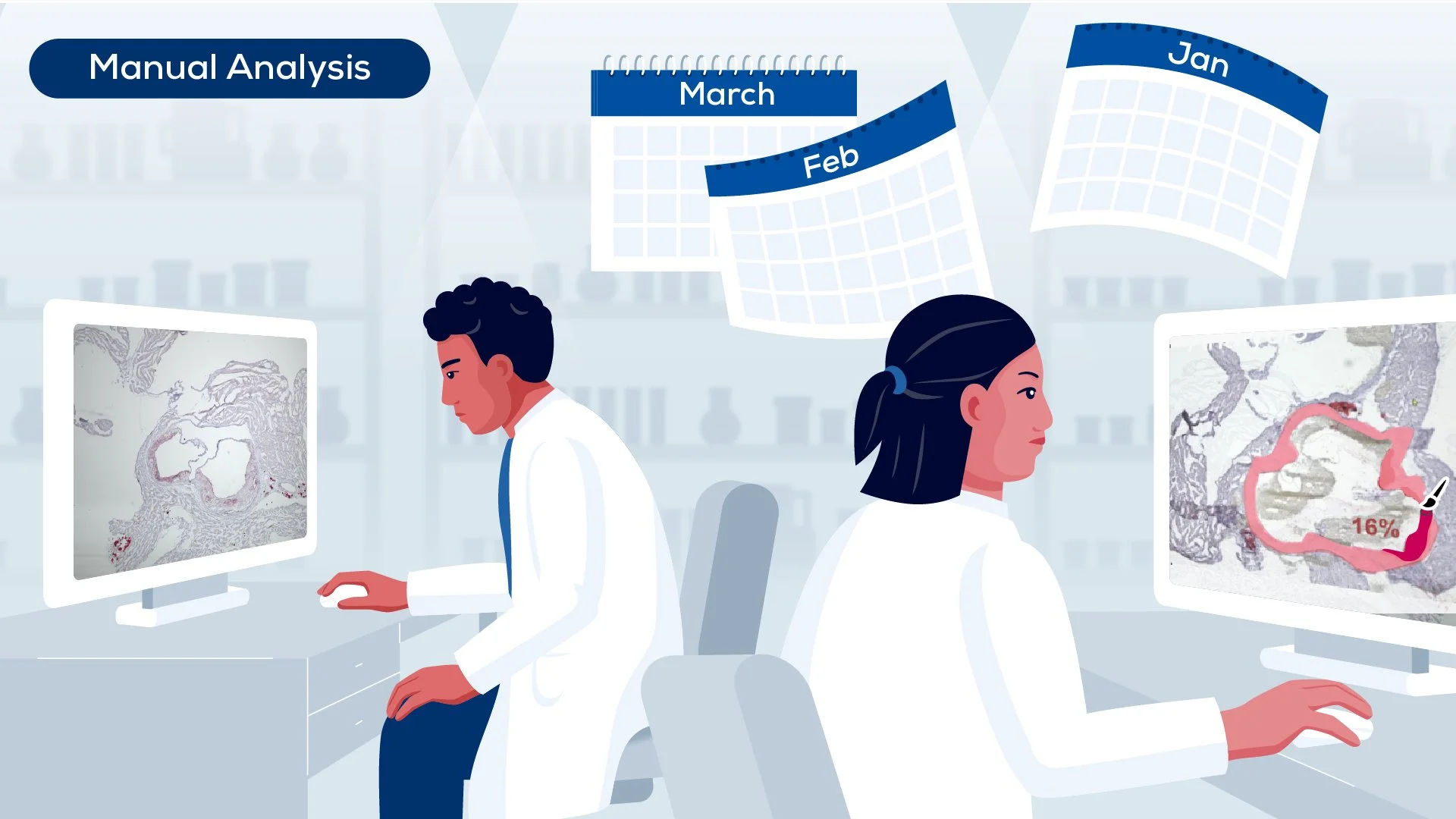 Two scientists, a man and a woman, analyze microscopic images on computer screens in a laboratory. The man appears focused on his screen, while the woman is pointing at her image with a highlighted area marked 16%. Above them are calendars for March,