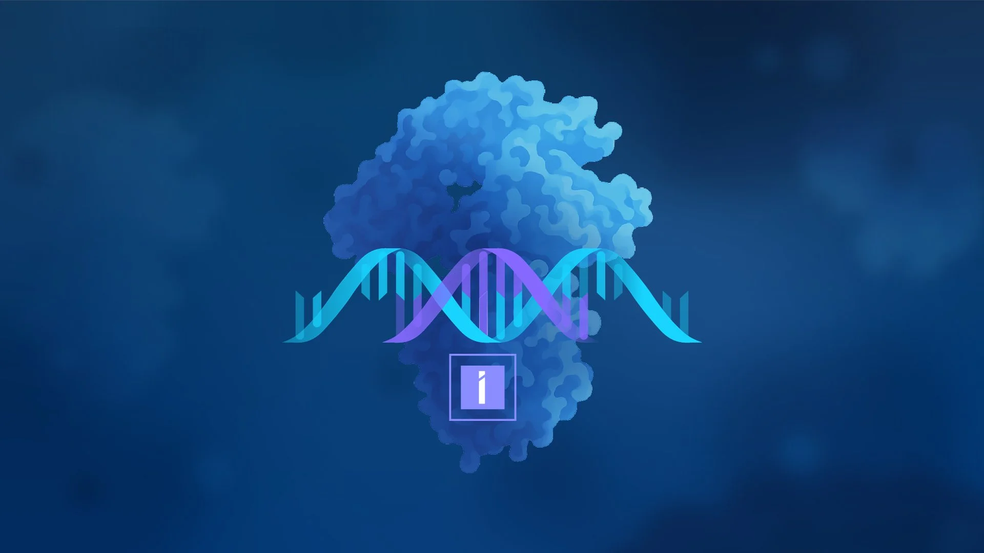 Digital illustration of a DNA double helix in front of a cloud of particles, with an information icon below.