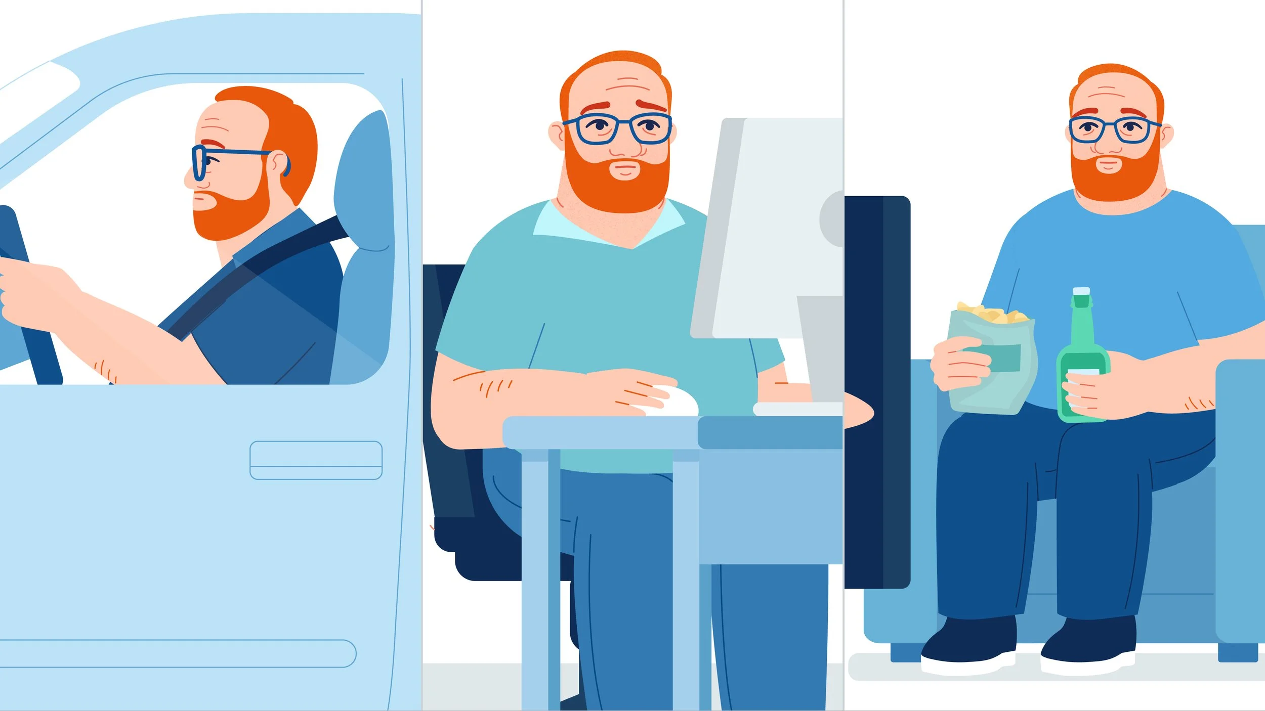 Illustration of a man sitting in a car, a man working on a computer, and another man sitting on a couch with snacks and a drink.