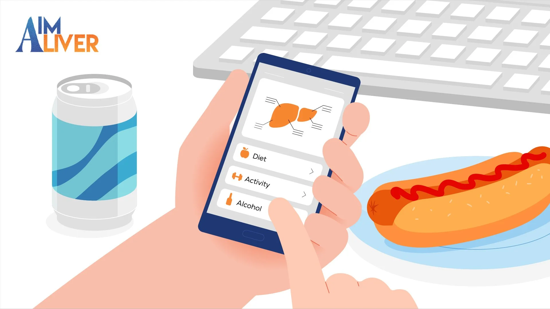 A person holding a smartphone with a digital health app displaying options for diet, activity, and alcohol. There is a hot dog on a plate, a soda can, and part of a keyboard in the background.