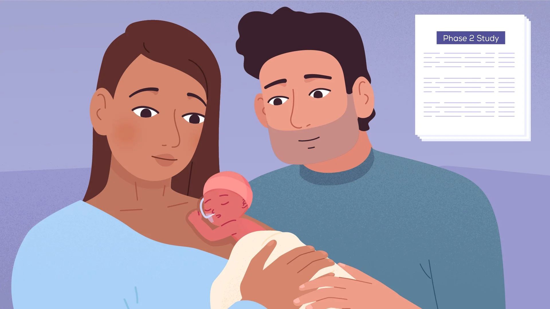 An illustrated scene of a woman holding a newborn baby on her chest. A man is standing beside her, supporting the baby, and they are all looking at the baby. There is a sign on the wall in the background labeled 'Phase 2 Study'.