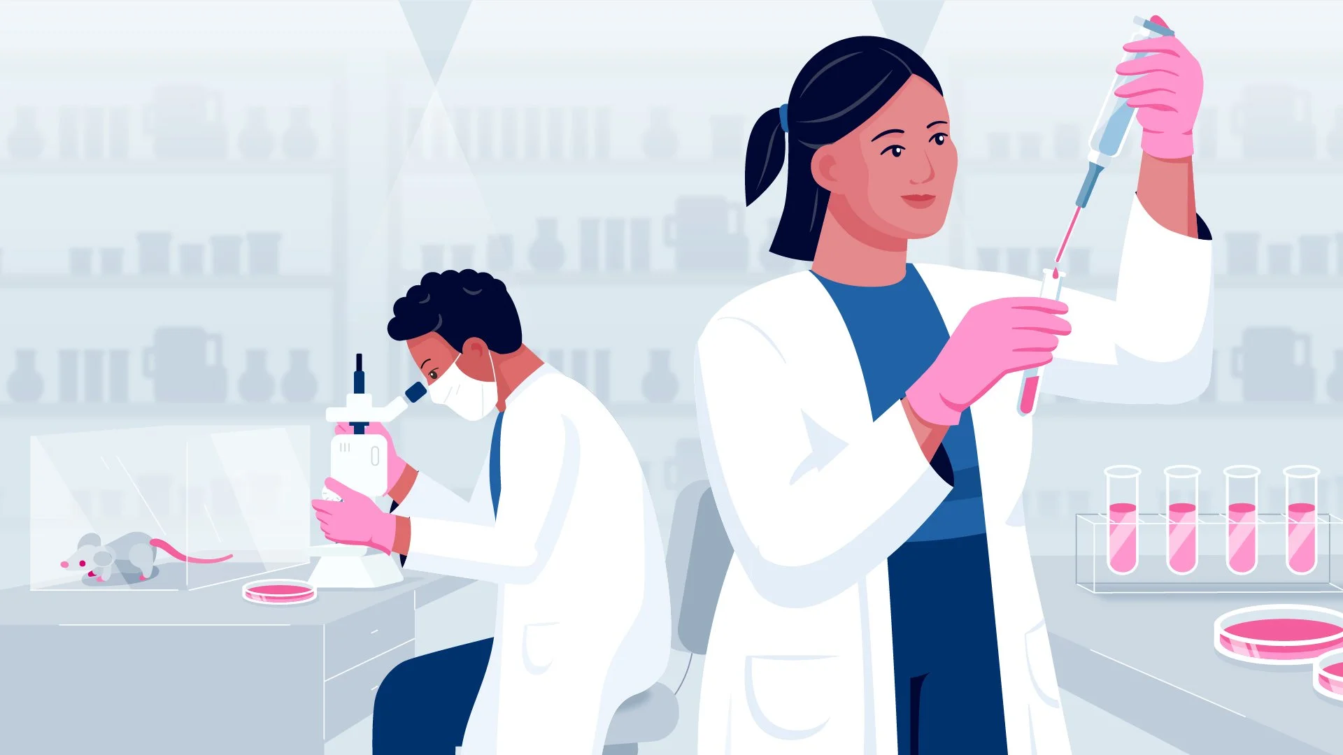 Two scientists working in a laboratory, one using a microscope and the other using a pipette, with laboratory equipment and test tubes filled with pink liquid in the background.