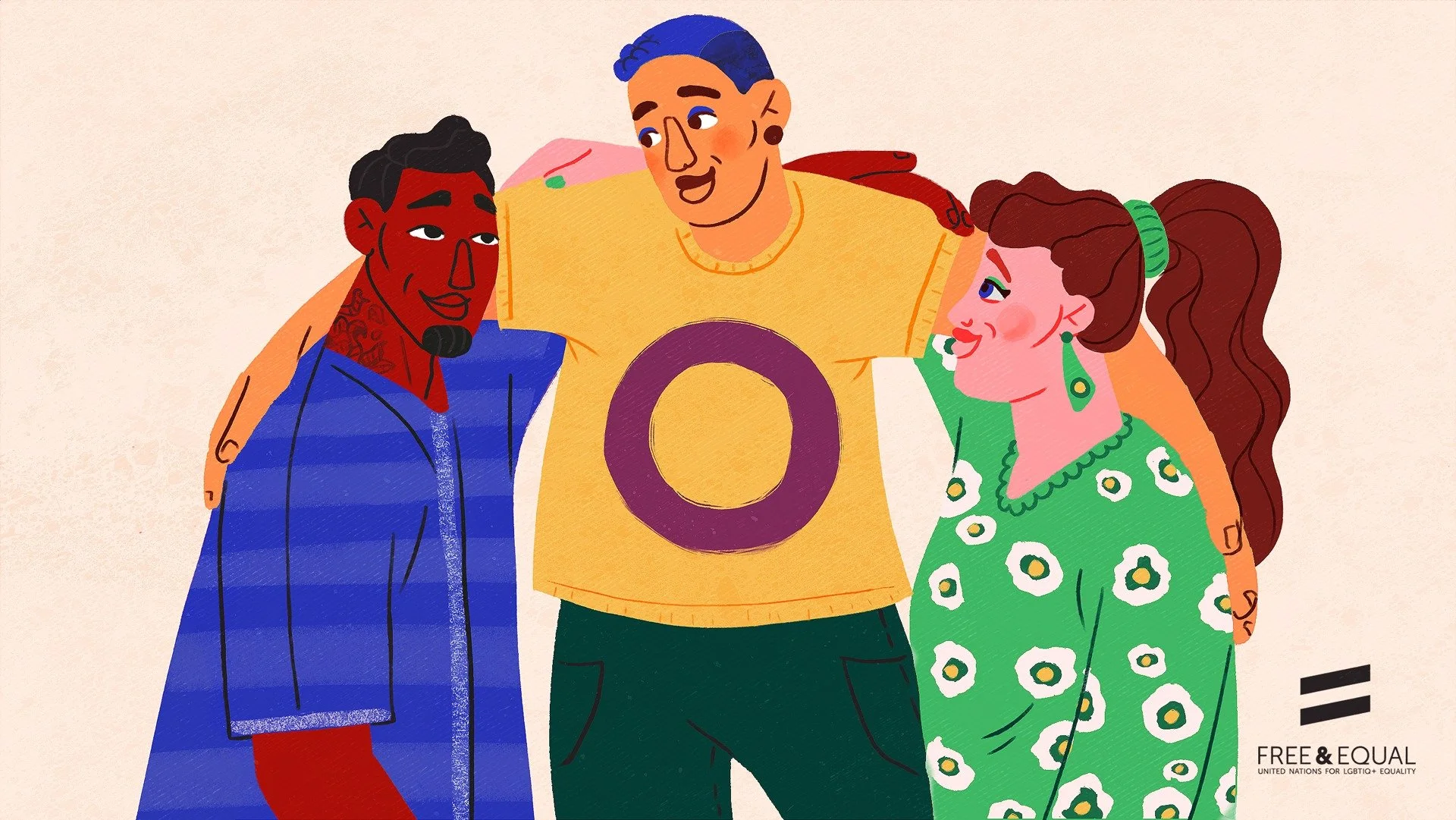 Illustration of three diverse people standing close together, smiling, with one person in the middle having a large yellow shirt with a purple circle, representing support for LGBTQ+ equality, and a logo at the bottom right corner that says 'Free & E