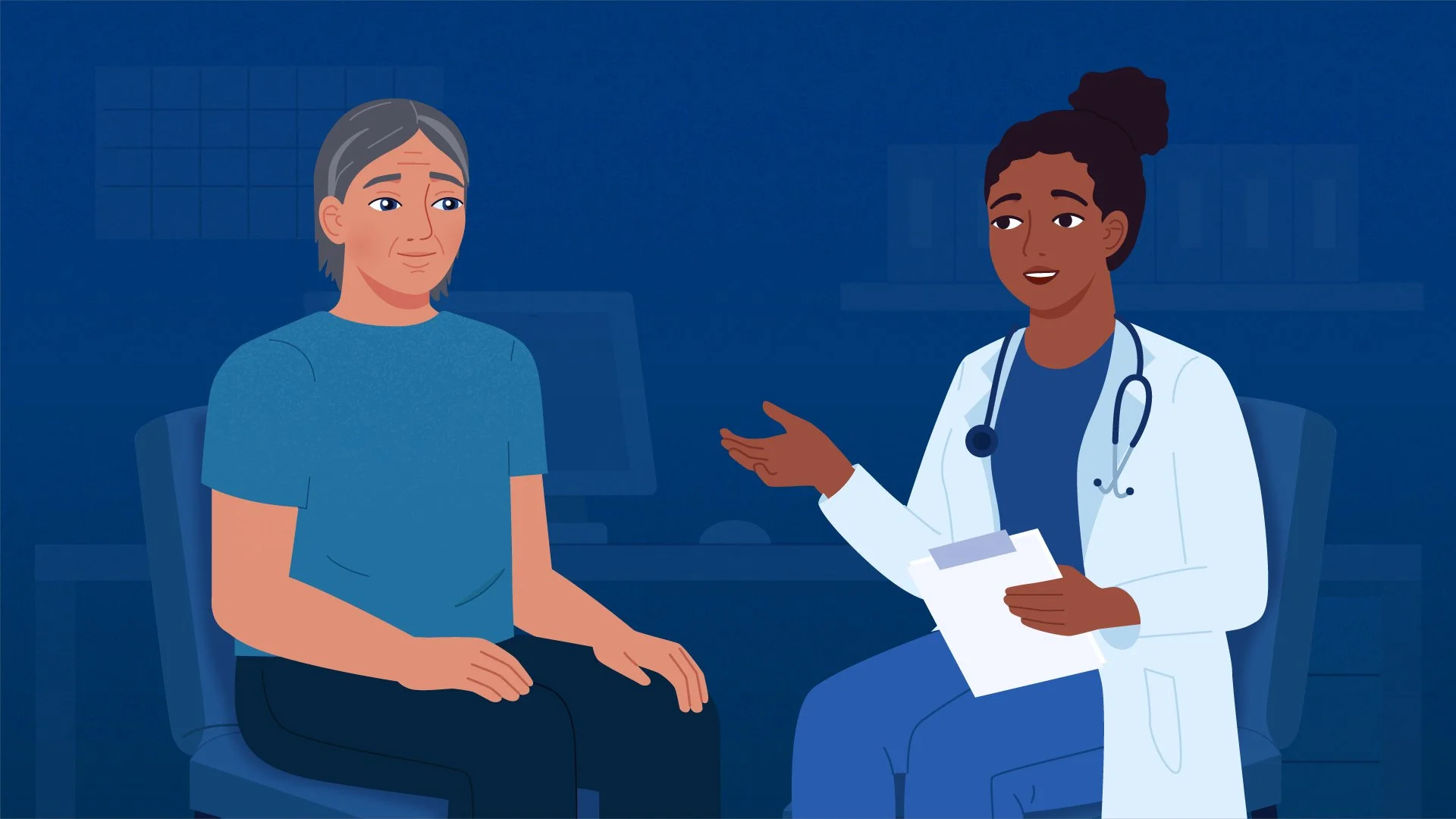 Illustration of a medical consultation with a doctor and a patient in a clinical setting.