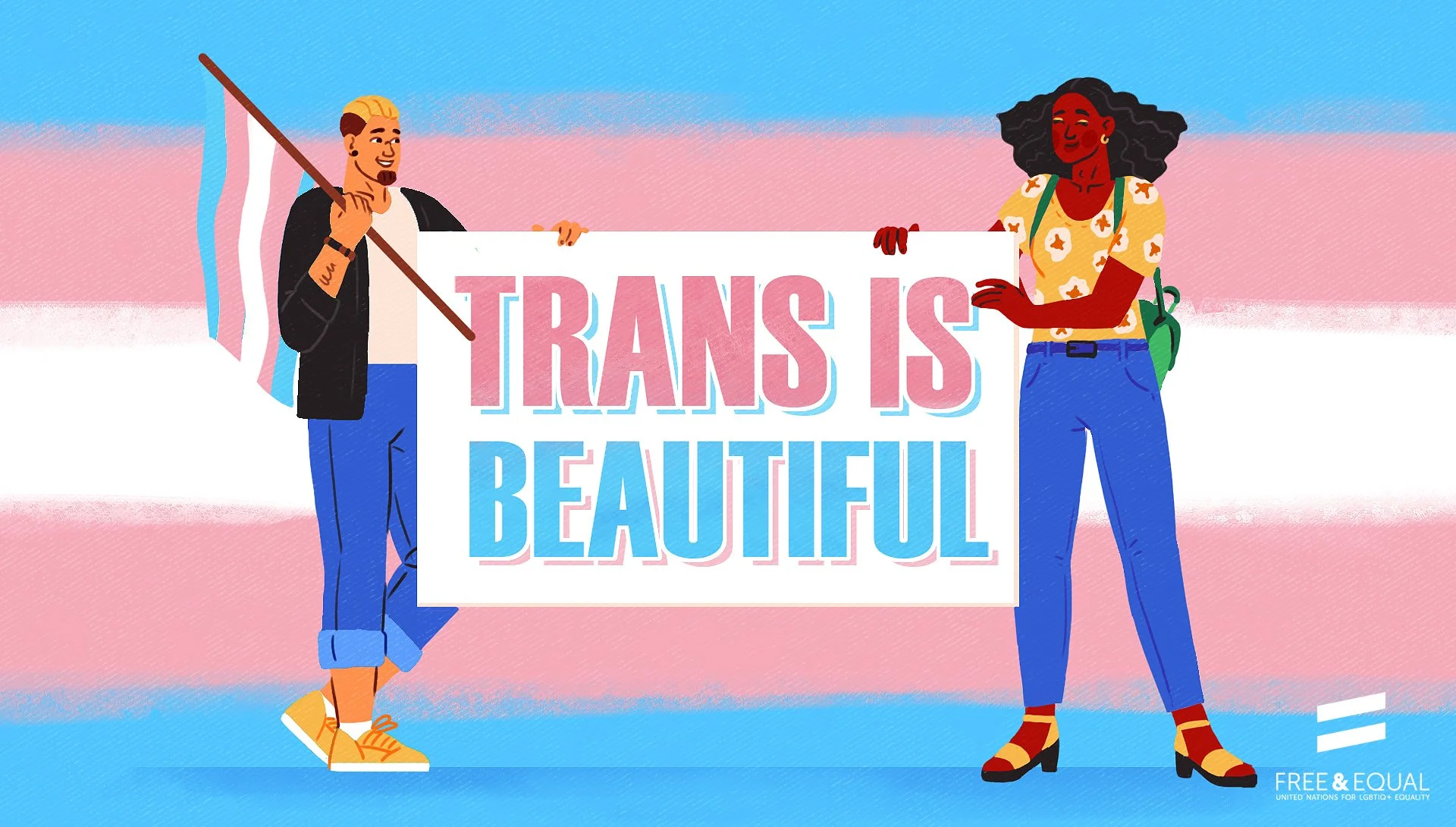 Two individuals, one holding a trans pride flag and the other girl with a backpack, hold a sign that reads, 'Trans is Beautiful,' with a pink, blue, and white striped background representing the transgender pride flag.