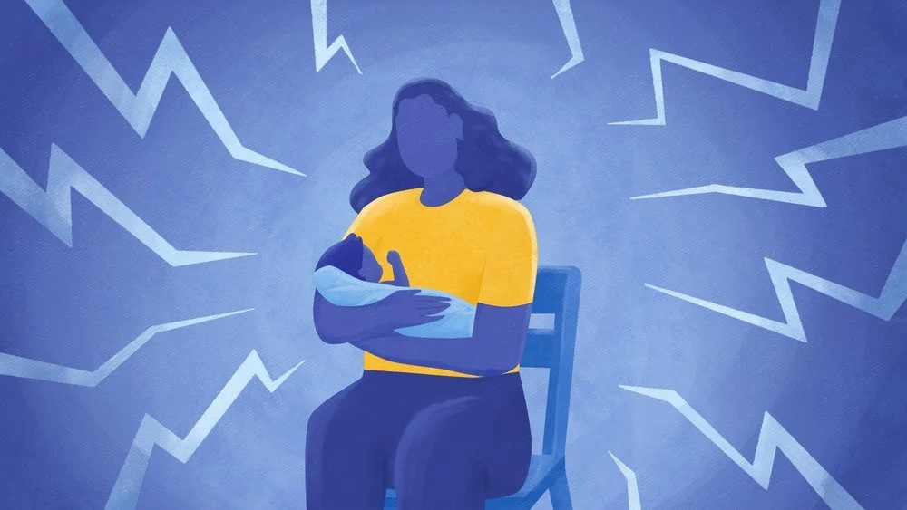 Illustration of a woman sitting on a chair holding a baby, with mental health struggle symbols like zigzag lines around her in a blue background.
