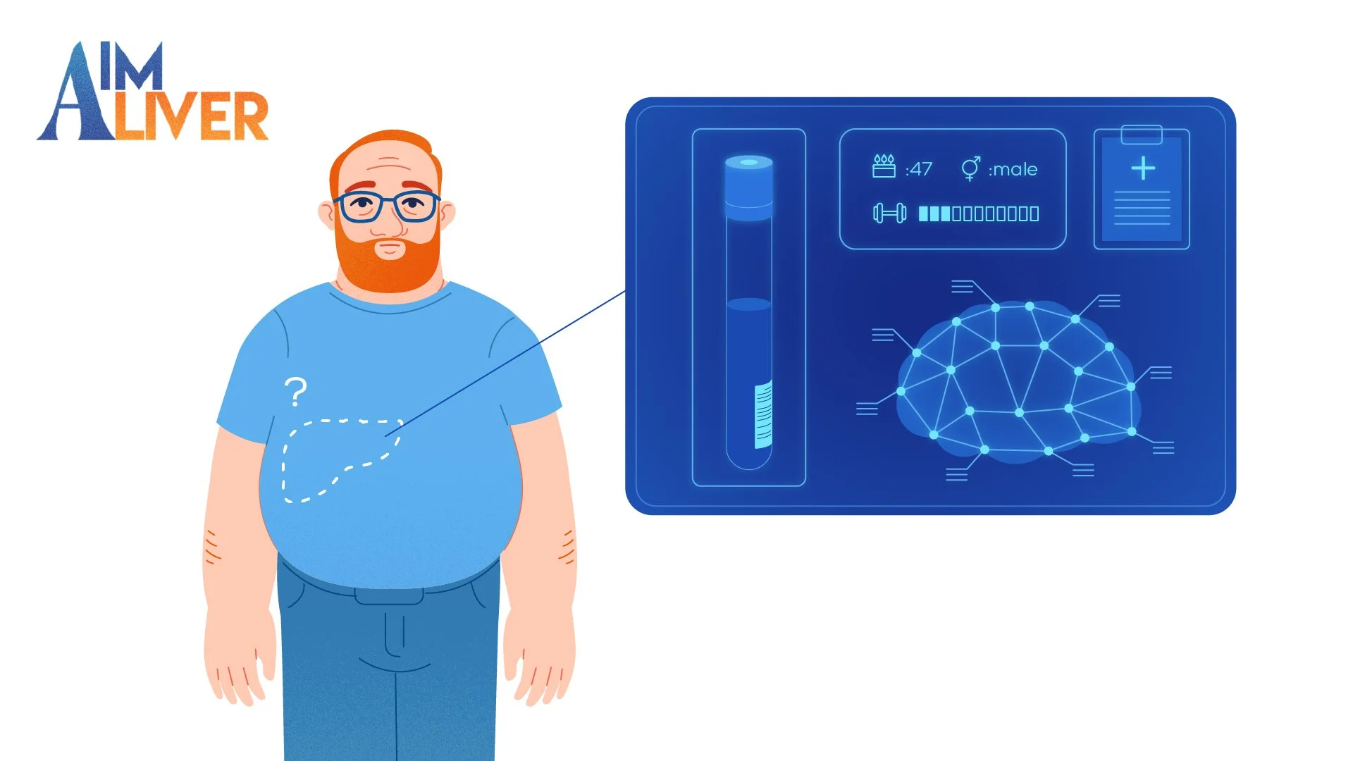 Illustration of a man with red hair and a beard wearing glasses and a blue shirt. There is a dotted line pointing to his abdomen, which has a question mark. To the right, a high-tech digital interface displays a bright blue brain with interconnected 