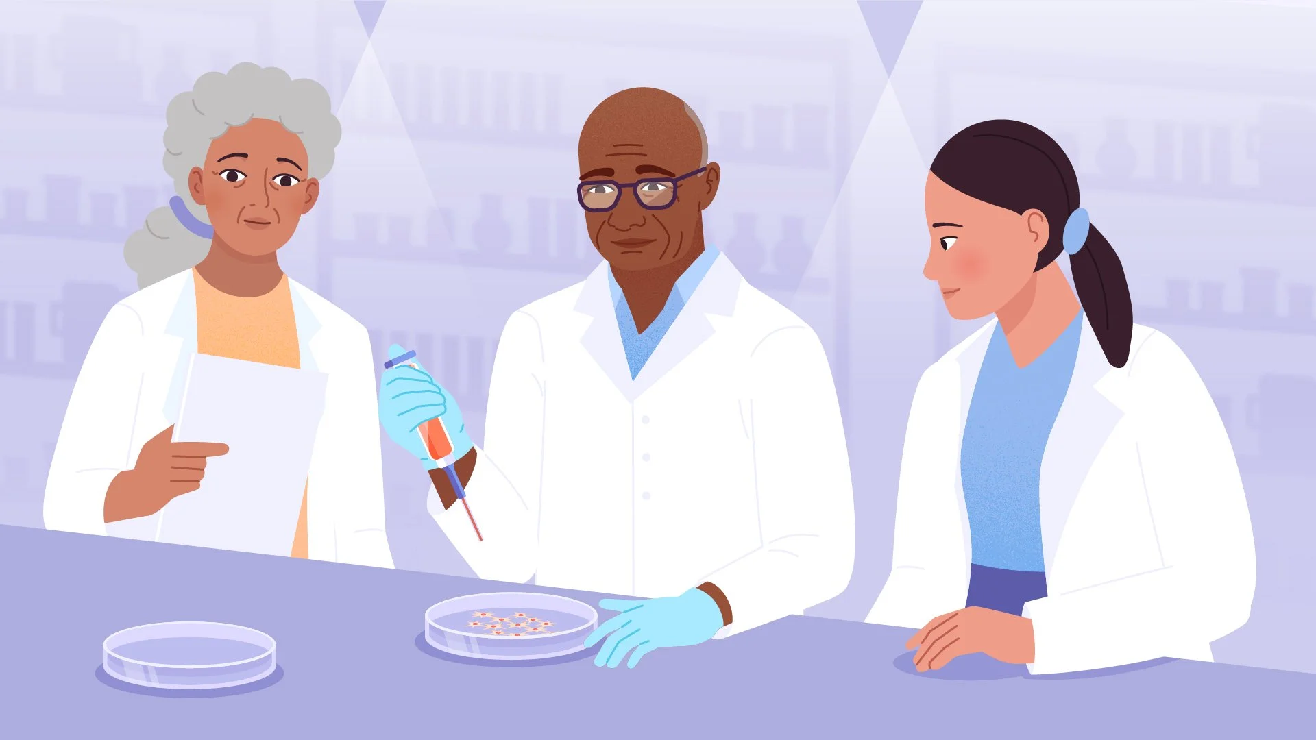 Three diverse scientists in a laboratory wearing white lab coats, one holding a pipette and another examining a petri dish with microorganisms.