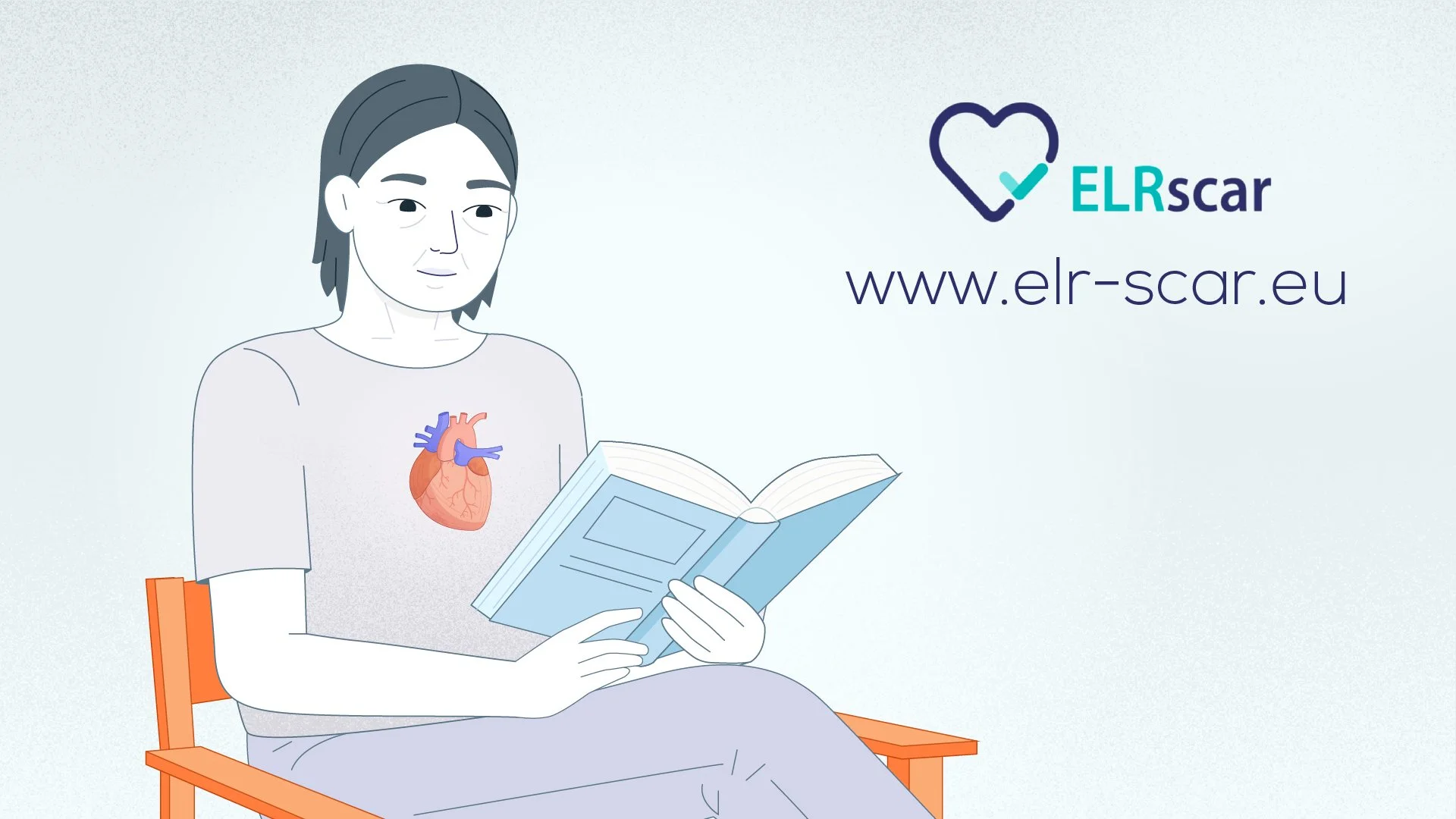 A woman with a drawing of a heart with an arrow, sitting on an orange chair, reading a book, with a shirt displaying a heart and aorta illustration, and the website www.elr-scar.eu in the background.