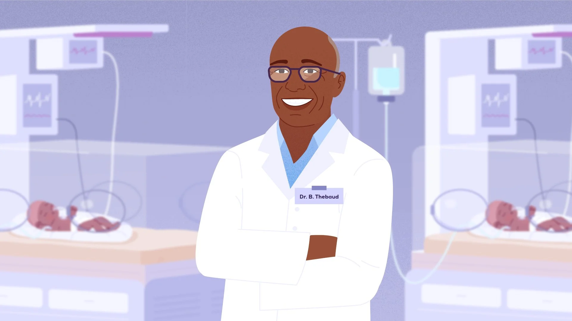 Illustration of a smiling African American male doctor wearing glasses and a white lab coat with a name tag that reads 'Dr. B. Thebaud.' He is standing in a hospital neonatal intensive care unit with two incubators containing premature babies connect