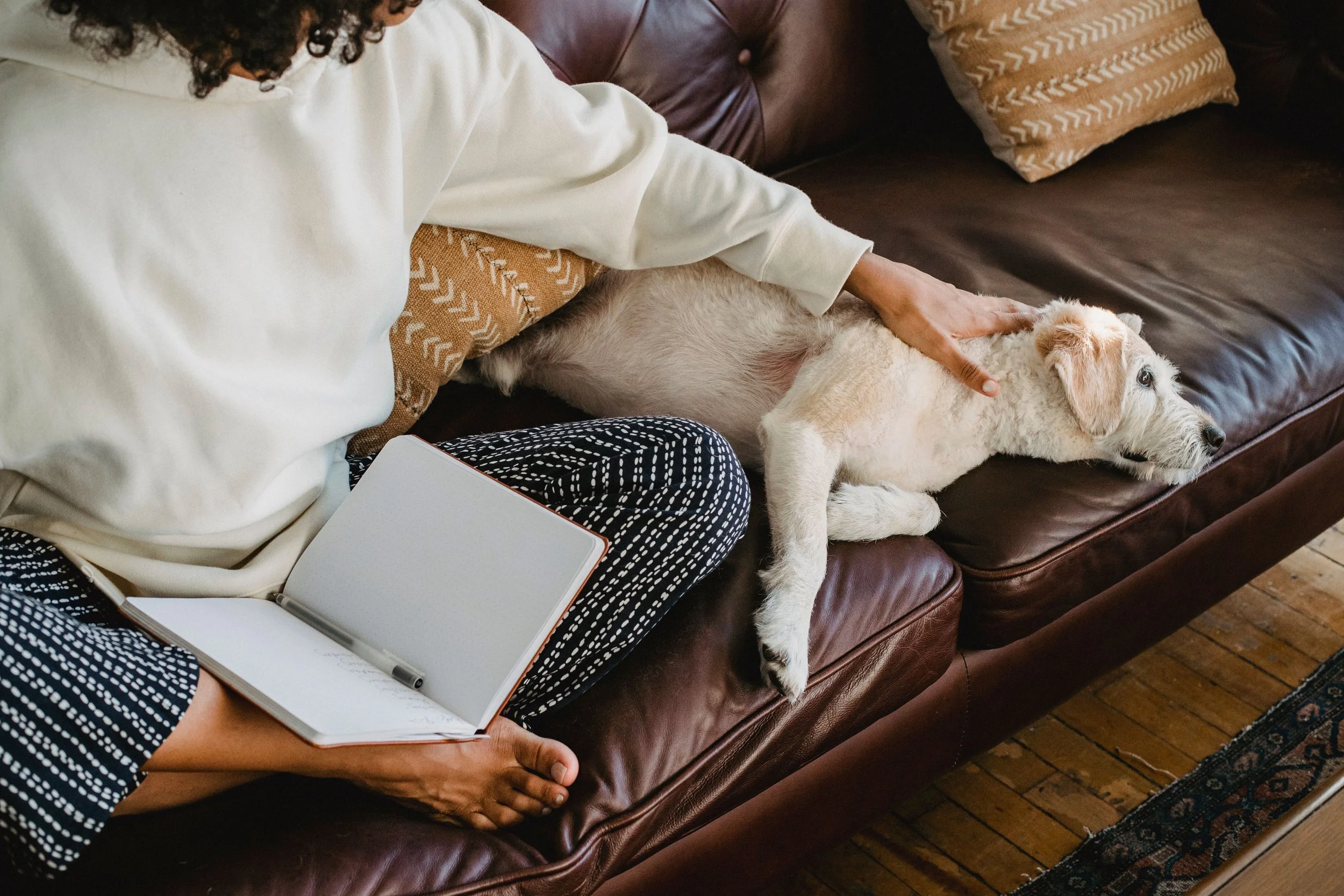 A woman sitting on a couch writing in a notebook while petting her resting dog, representing animal-assisted therapy at Inside Out Therapy and Consulting in Peoria, AZ
