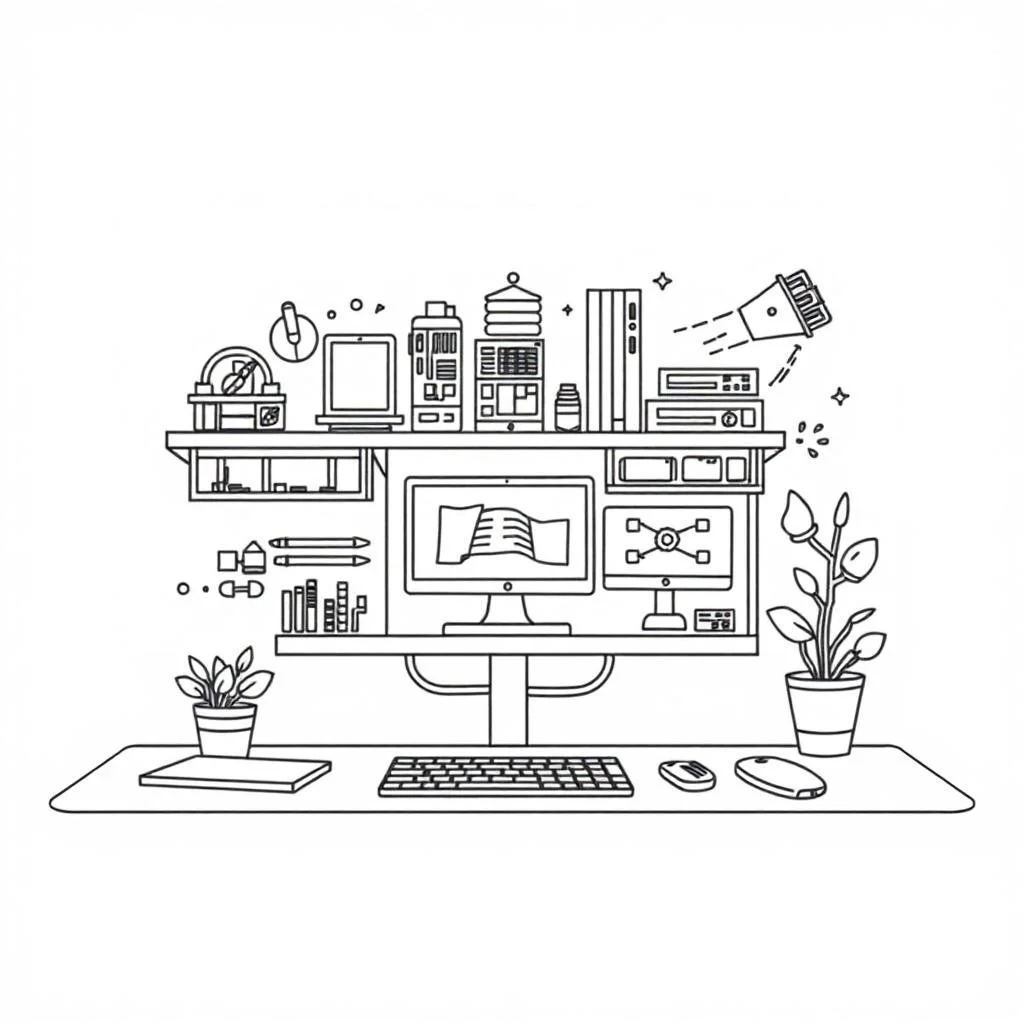 Line drawing of a computer workstation with two monitors on a desk, surrounded by potted plants, books, stationery, and office supplies.