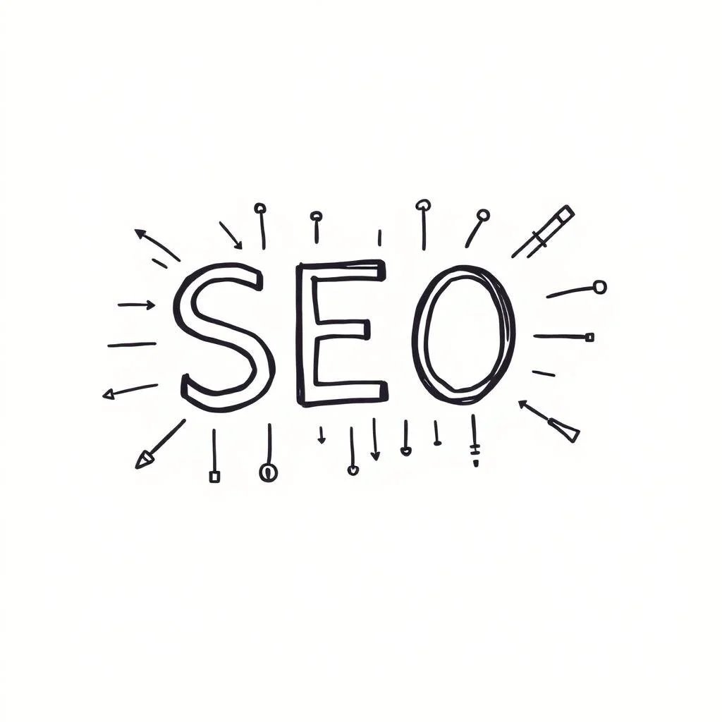 Hand-drawn illustration of the word 'SEO' with various arrows and icons around it.