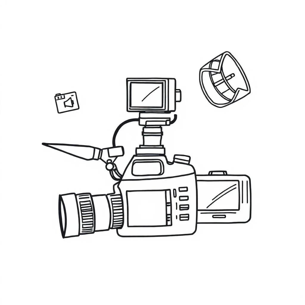 Line drawing of a professional video camera with mounted accessories, including a lens, microphone, monitor, and light.