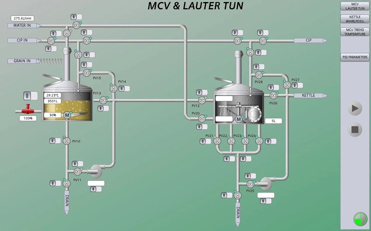 Diagram of a brewing process showing a mash tun and lautertun connected by pipes with valves, pumps, and sensors. Labels indicate inputs for water, malt, and other ingredients, with temperature and volume information displayed.
