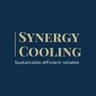 Synergy Cooling logo with the tagline 'Sustainable efficient reliable' on a dark blue background.
