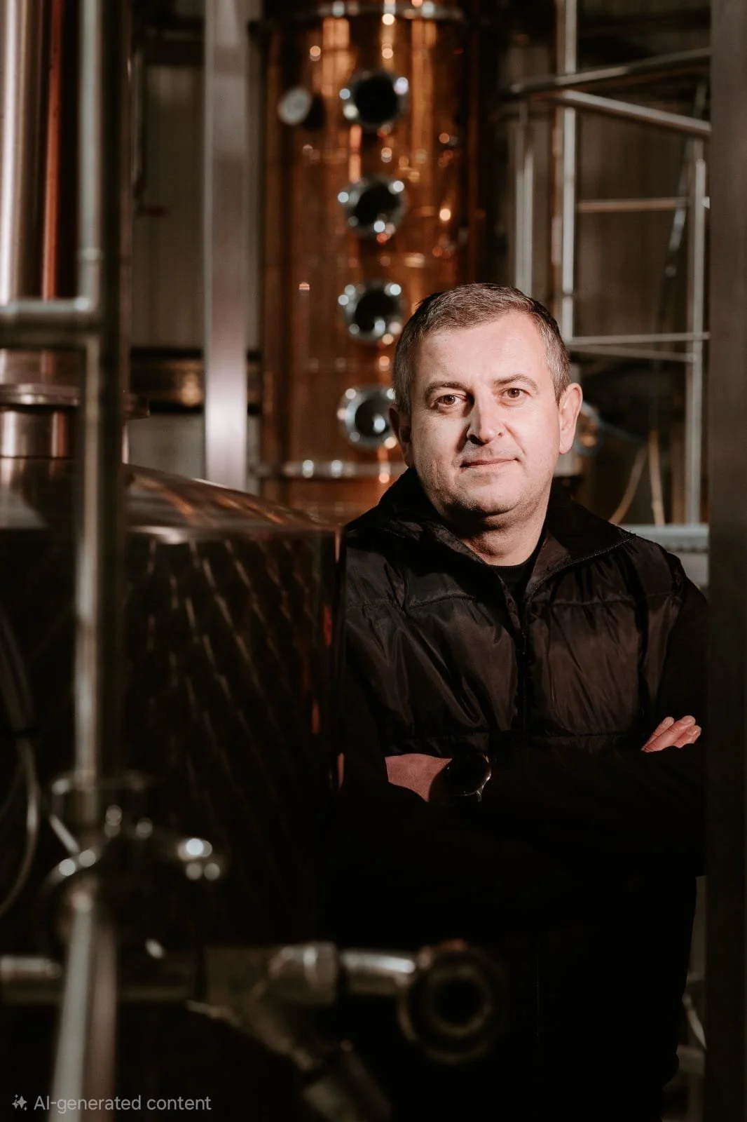A man with short hair and a black jacket sits on the floor among industrial equipment, looking at the camera with crossed arms, in a setting with metallic pipes and machinery.