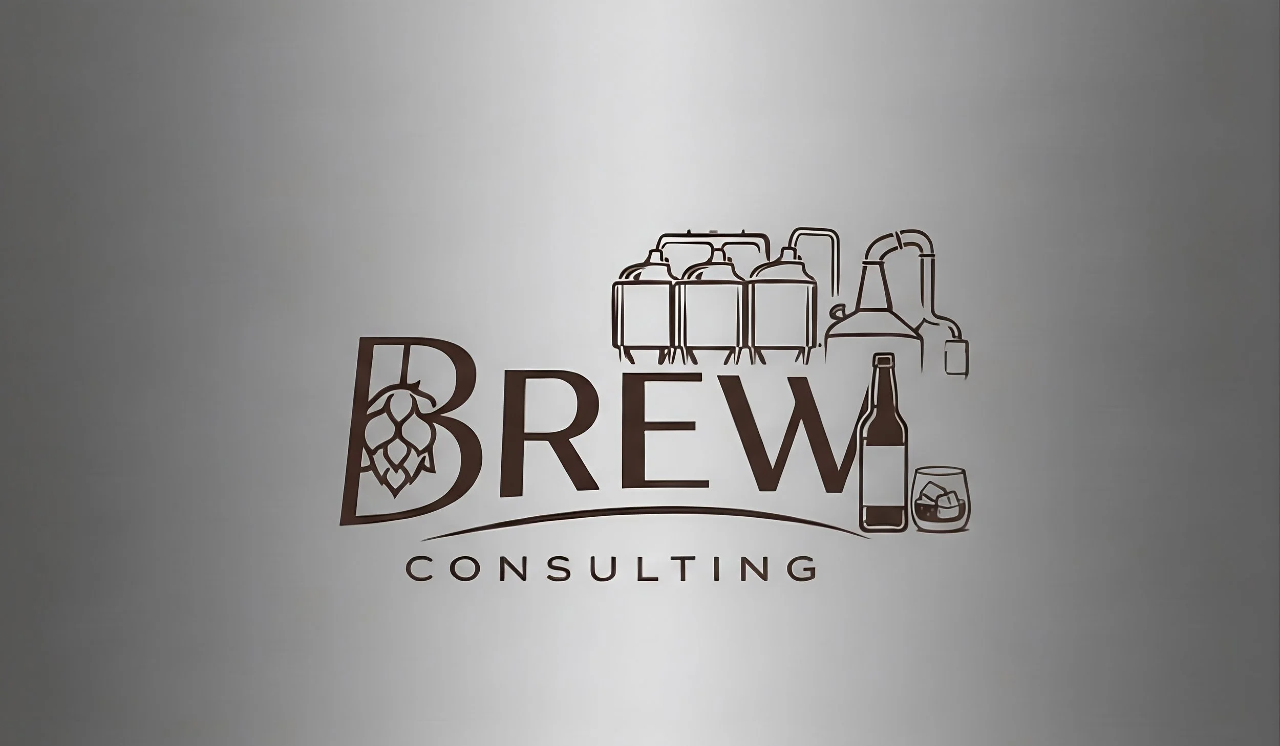 Logo for Brew Consulting featuring a hop cone, brewing equipment, a beer bottle, and a glass of beer with ice.