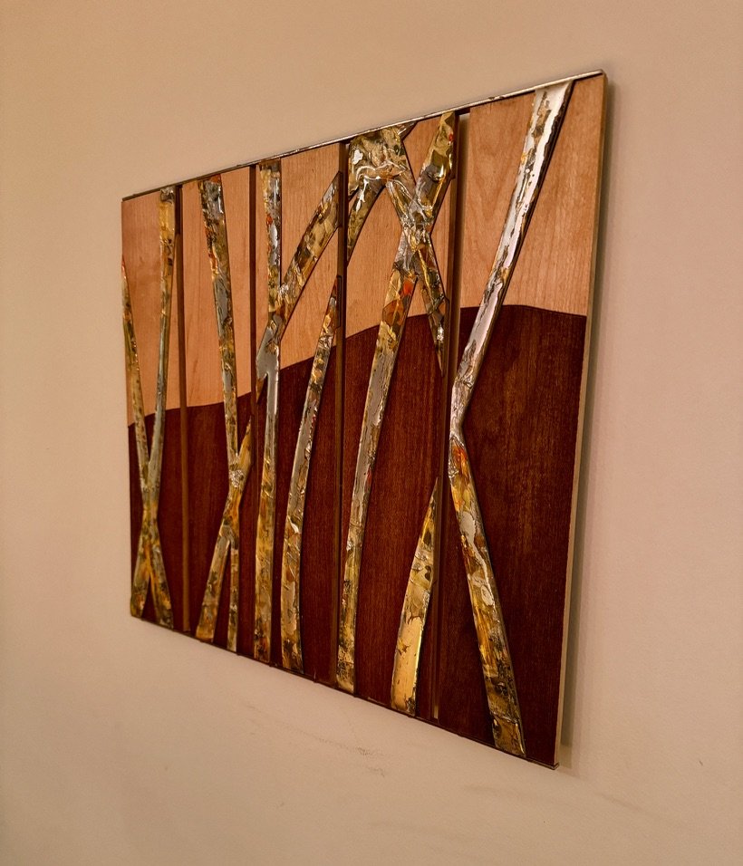 J'ai exploré créer ces panneaux abstraits inspirés des forêts de bouleaux et de peupliers faux-trembles de Charlevoix. Celui-ci est dans ma collection privée et a servi de prototype.