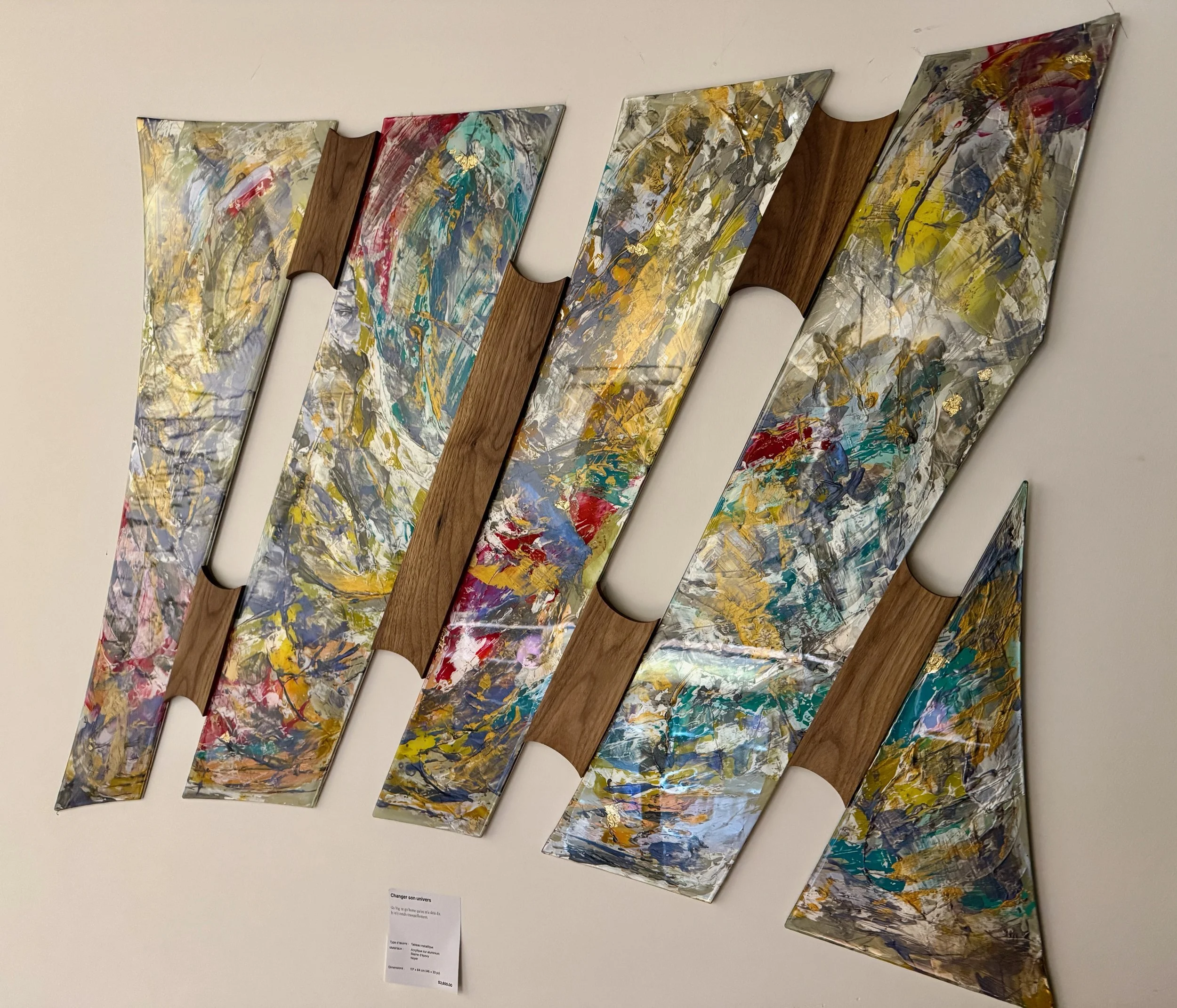 Changer son univers (46 po. X 33 po.) Acrylique sur aluminium, résine et noyer