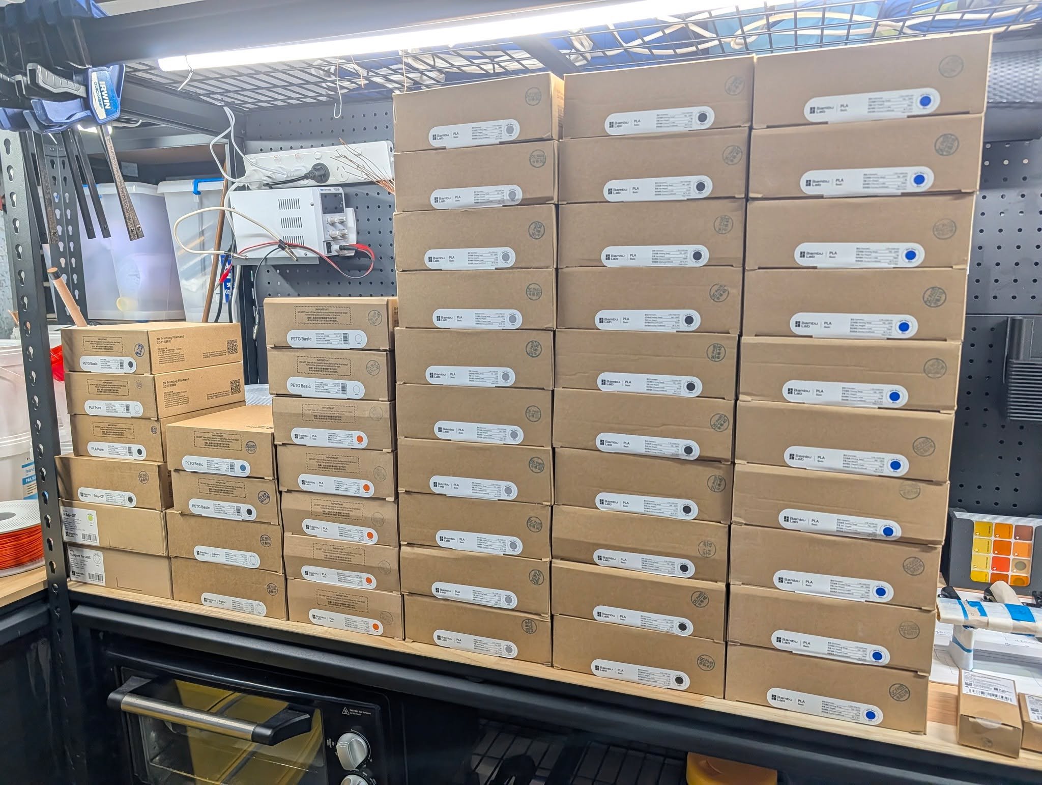 Is it delivery day at the workshop, or are we just testing how much weight these shelves can take before they violently collapse? 🧱😅

We just took delivery of a massive restock of Bambu Lab filament because the printers were starting to threaten a 