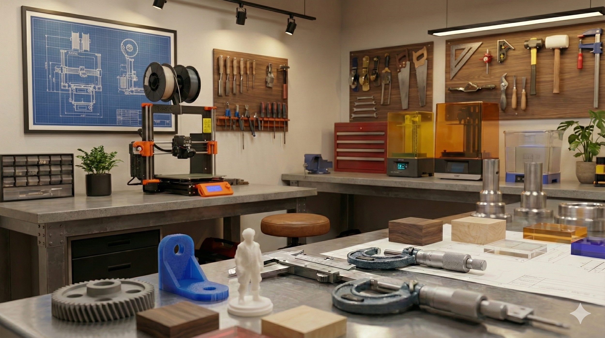 Workshop with 3D printer, woodworking tools, mechanical parts, and design blueprints, featuring a workbench, potted plants, and organized storage.