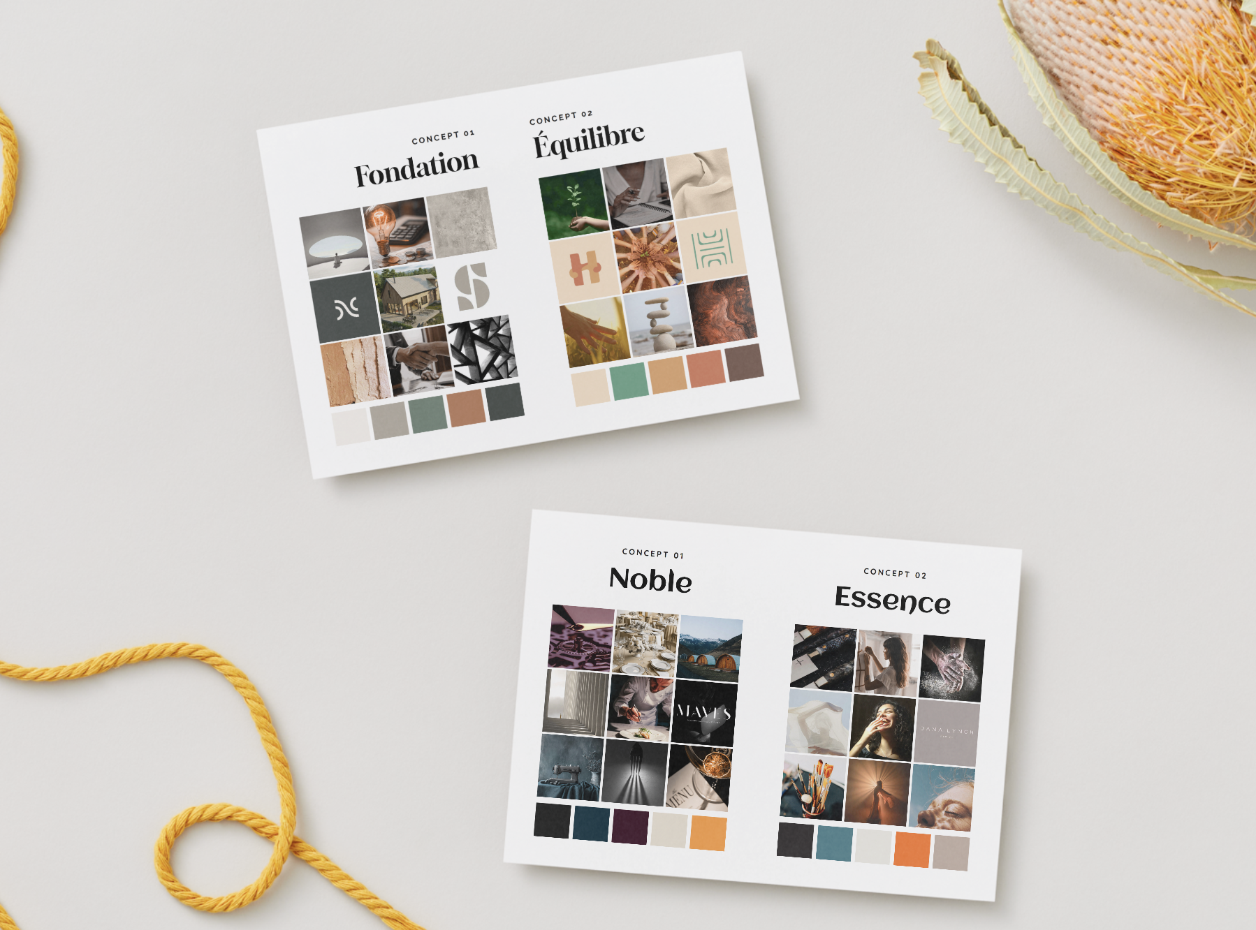 Deux brochures présentant des concepts avec des images, des couleurs et des titres en français, sur un fond blanc avec une corde jaune enroulée.