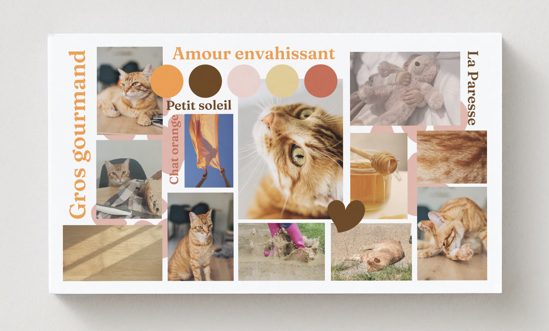 Tableau moodboard avec photos de chats, thé, miel, teddy bear, et éléments colorés, avec textes en français sur le thème de l'amour et la famille.