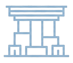 Un dessin stylisé d'un bâtiment en forme de temple antique avec colonnes et un toit plat, en bleu clair.