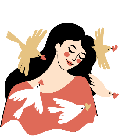 Femme souriante entourée d'oiseaux symbolisant la légèreté et la libération du stress. Illustration de la transformation des blocages intérieurs et de la charge mentale en sérénité grâce à l'hypnose.