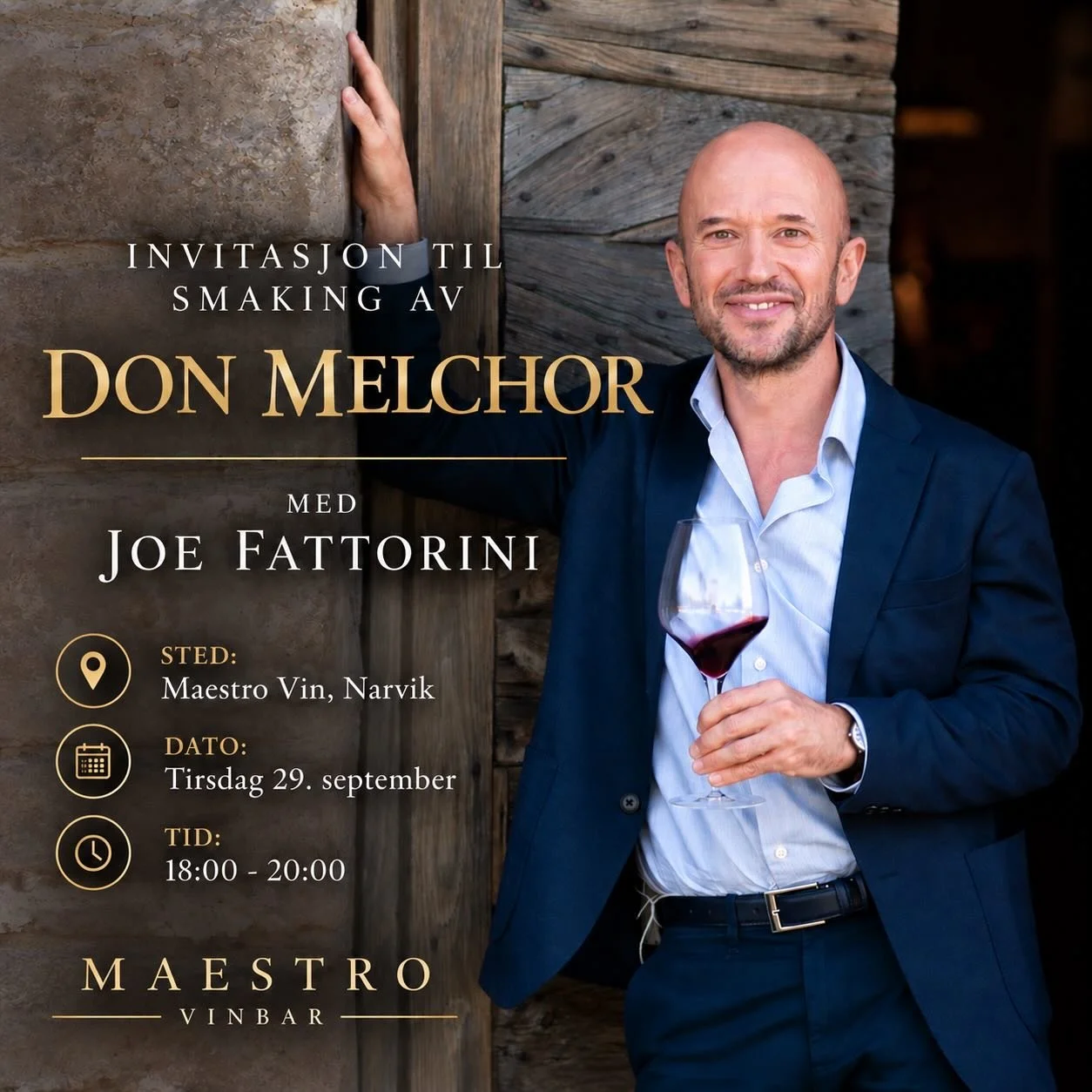 Joe Fattorini kommer til Narvik- det er ikke til &aring; tro! 
Og dette vil du ikke g&aring; glipp av🤩

Joe Fattorini, programleder for TV-serien The Wine Show, har blitt kjent for sin nysgjerrige, kunnskapsrike og uh&oslash;ytidelige m&aring;te &ar