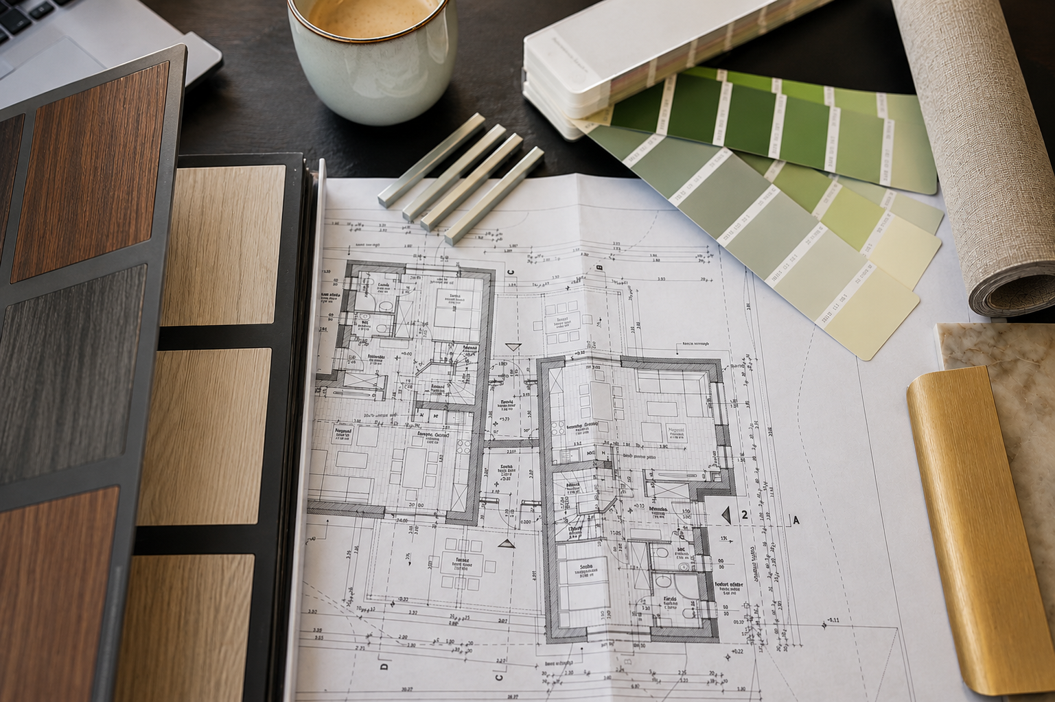 Architectural floor plan with color swatches, paint sample cards, and design materials on a desk.