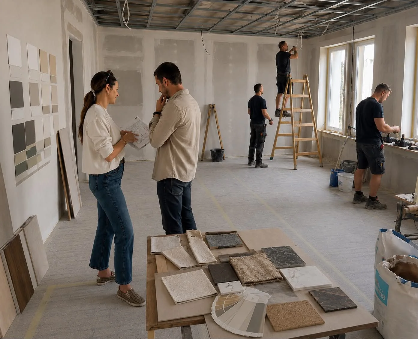 Interior of a room under renovation with four workers: two discussing plans, one on a ladder working near the ceiling, and another near a window working with tools. Color samples and tiles are laid out on a table.