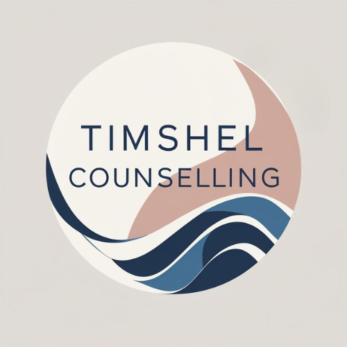 circular logo with wave like structures in blue and pink