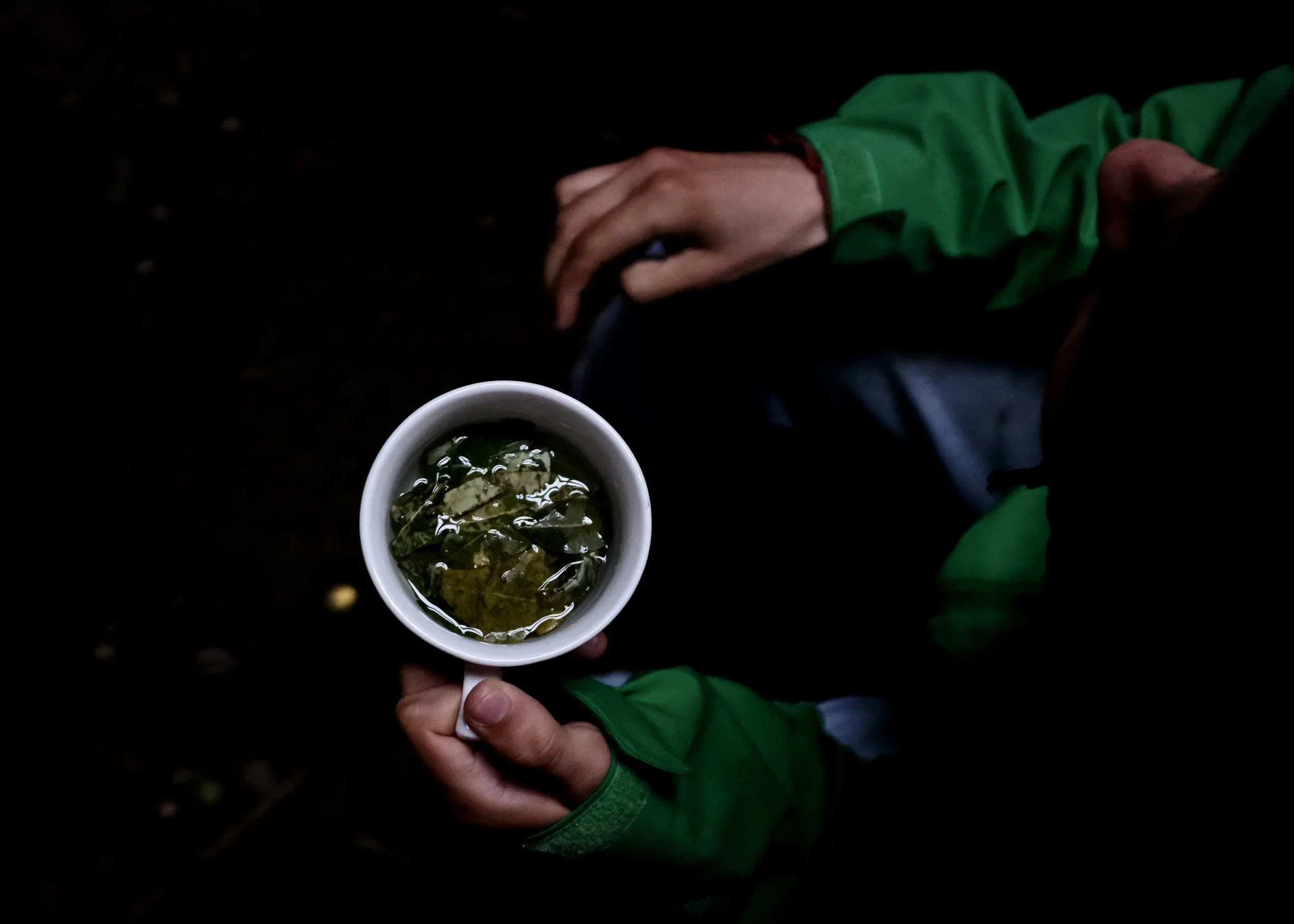 A cup of coca leaf tea upon our arrival to Esteban and Narcissa's home in Cuncani, Peru.