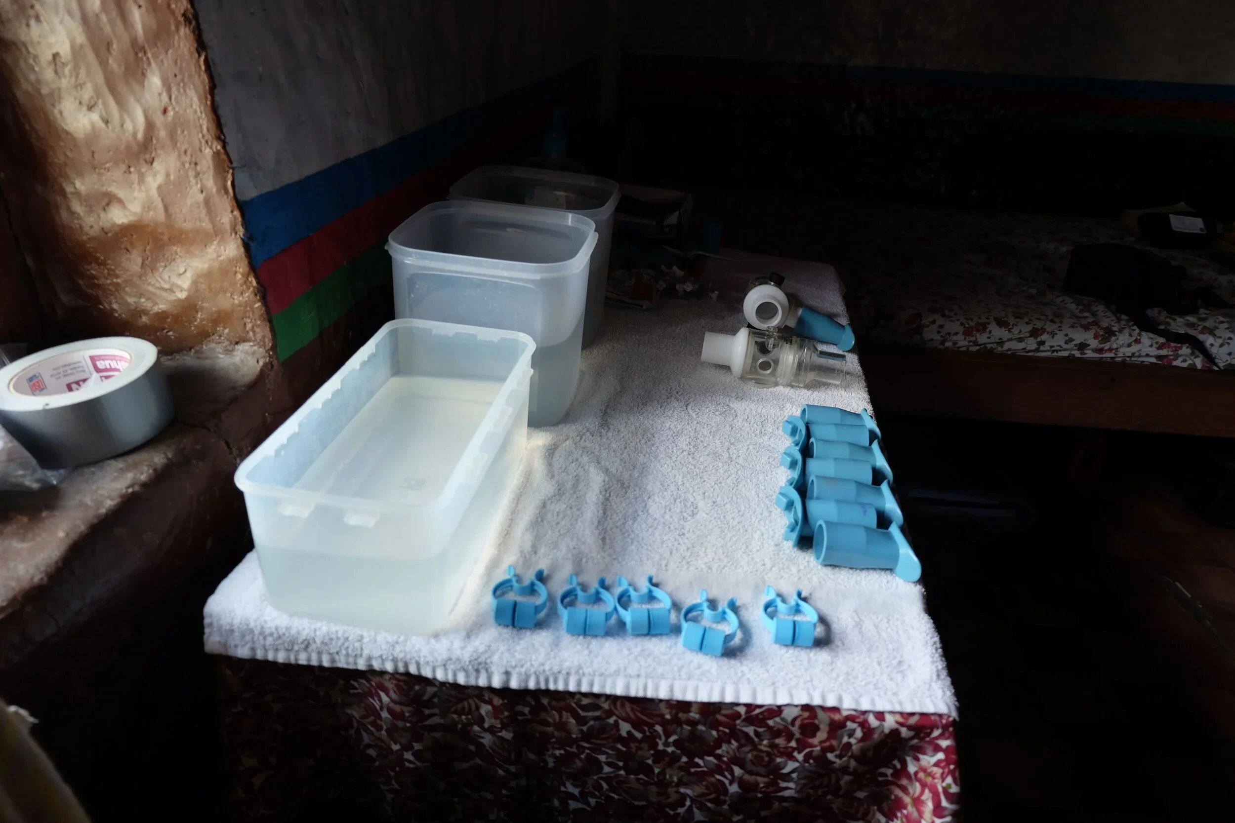 Sanitized mouthpieces and nosepieces laid out for the HVR protocol.