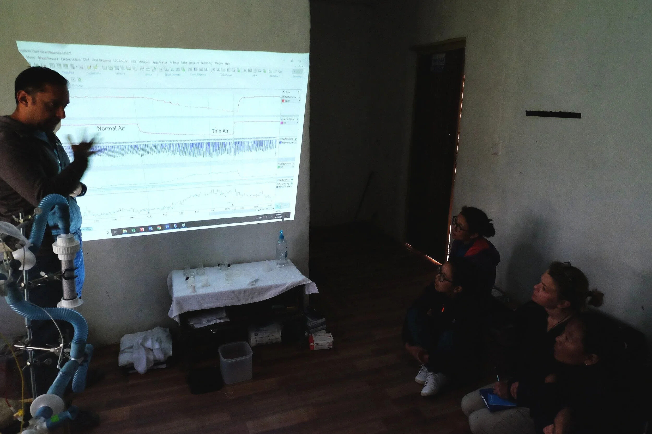 
Esteban Moya, one of the two team members from the Simonson Lab, teaches translators and nurses about the hypoxic ventilatory response (HVR) protocol.