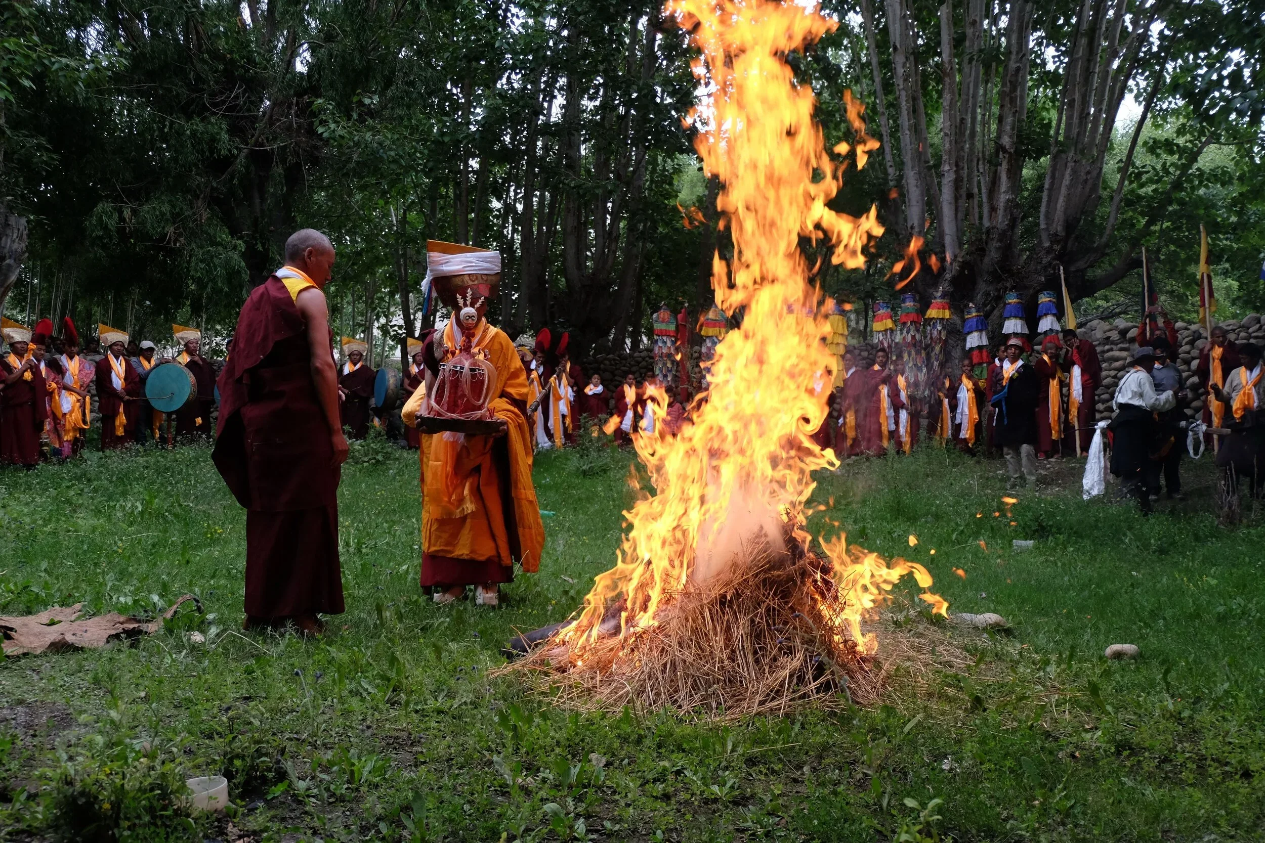 The research team participates in a cultural ceremony within the village of Tsarang.