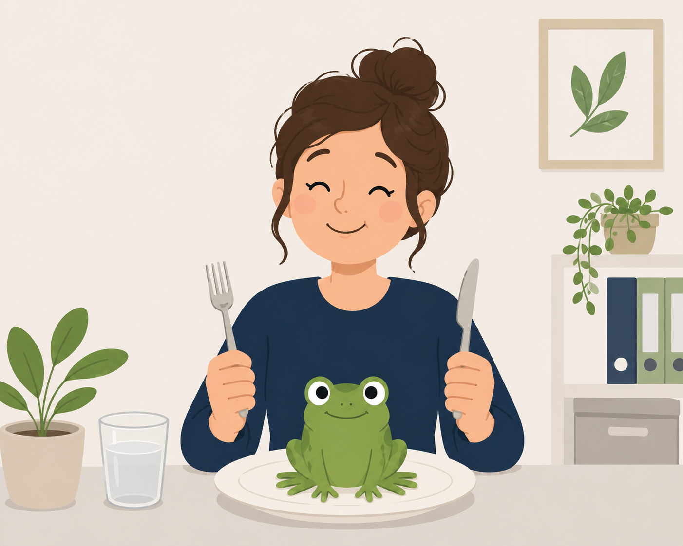 An AI-generated cartoon of a left-handed woman holding cutlery. In front of her is a plate and there's a happy frog sitting on it.